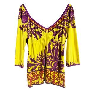 Hale Bob Yellow Purple Printed Silk V-Neck 3/4 Sleeve Blouse Size Large